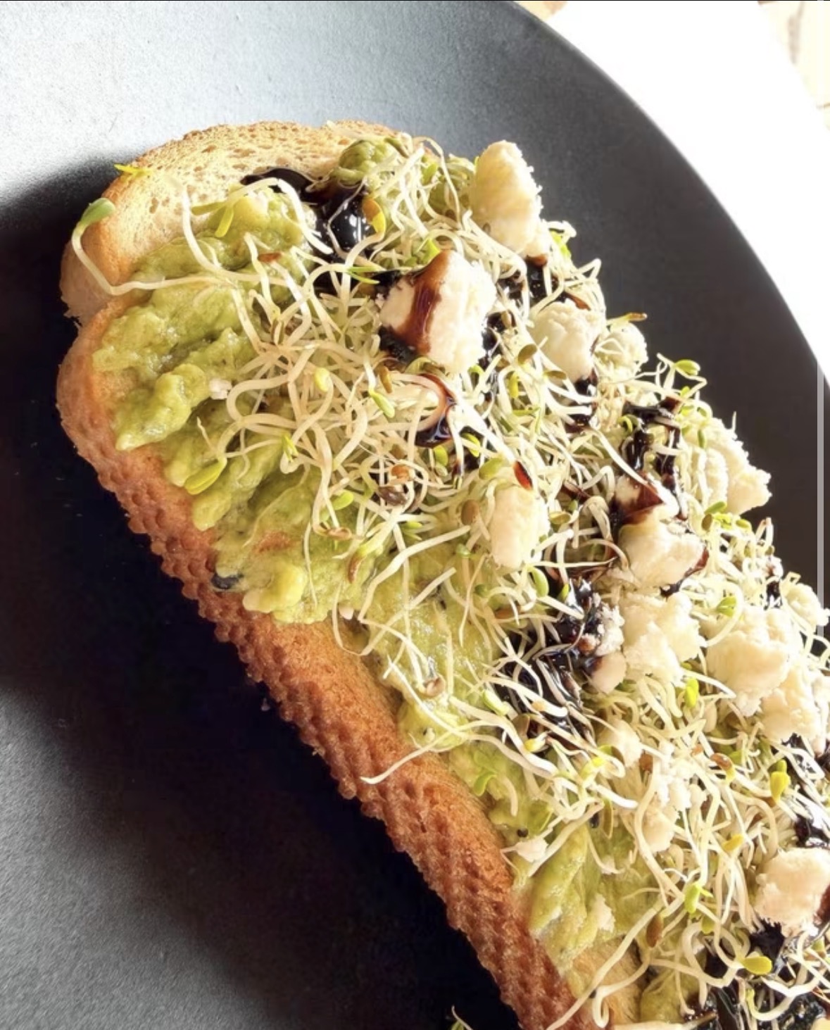 Avocado toast with sprouts and balsamic glaze